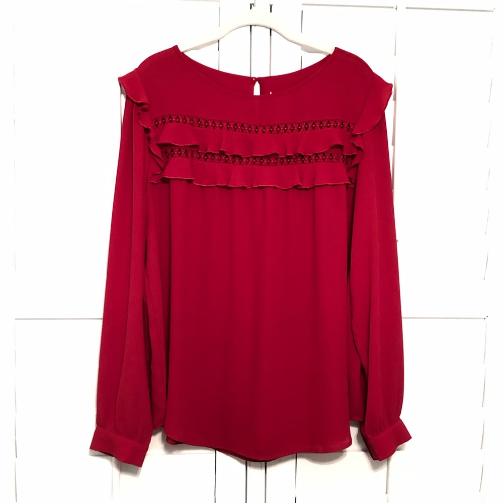 LOFT red long sleeve ruffle & lace cutout blouse -size XL